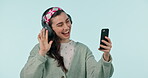Happy woman, phone and thumbs up in video call, meeting or conversation against a studio background. Female person talking, wave or hello smile on mobile smartphone app or online discussion on mockup