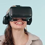 Smile, virtual reality glasses and woman with augmented reality ...