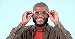 Happy, face and a black man with glasses on a studio background for optometry, frame or a new lens. Smile, fashion and portrait of an African person or model with eyewear for vision and eye care