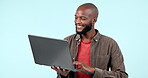 Laptop, website and black man with smile in studio for digital marketing, web design or creative search with internet. Computer, face and person for tech support, networking and research for work
