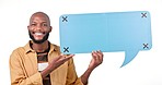 Happy black man, speech bubble and social media in presentation or advertising against a studio background. Portrait of African male person smile with shape in feedback, comment or question on mockup