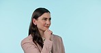 Thinking, face and business woman in studio confused by choice, strategy or faq on blue background. Why, idea and female manager with startup planning, questions or emoji, doubt and solution decision