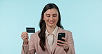 Credit card, phone and business woman online shopping in studio isolated on blue background mockup space. Mobile, ecommerce and happy professional banking on fintech, payment and finance transaction