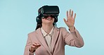 Happy, virtual reality and hands of business woman in studio isolated on a blue background mockup space. Vr, metaverse and excited professional touch futuristic digital technology, 3d and funny laugh