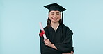 Graduation, happiness and woman with certificate in hand for success, education and achievement in studio. Portrait, graduate and college girl with university diploma for celebrate, study and future