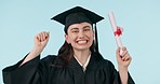 Graduation, excited and woman with certificate in hand for success, education and celebration in studio. Portrait, graduate and college girl with happiness for diploma, pride and achievement dance 