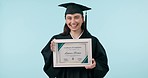 Graduation certificate, studio or happy woman for college education, school study progress or university success. Learning achievement, student portrait or show certification frame on blue background