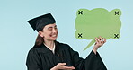 Social media, speech bubble and smile with a woman graduate showing space for text on a blue background. Portrait, education and tracking markers on mockup with a university pupil happy for marketing