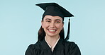 Graduation cap, studio face and happy woman for university progress, school education pride or college success. Learning achievement, knowledge study and portrait of student smile on blue background