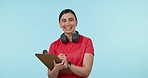 Gym, sign up and face of fitness woman in studio with clipboard, application or registration on blue background. Training, contract and portrait of lady coach with checklist, compliance or documents