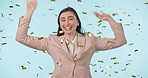 Happy, face and woman with confetti for win, party or celebration of a birthday. Smile, face portrait and a girl or winner of a competition, jackpot or achievement with a dance on a studio background