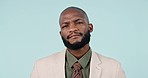 Thinking, confused and face of black man with doubt in studio for why, questions or what on blue background. Wtf, portrait and African male model emoji frown for decision, choice or fake news gossip