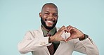 Heart, hands and face of black man with thank you for small business, support or vote on blue background. Emoji, frame and portrait of African male startup manager with finger message for gratitude