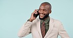 Phone call, business and black man with conversation, smile and communication on a blue studio background. African person, model and employee with a smartphone, connection and speaking with network