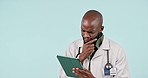 Tablet, thinking and man doctor in a studio doing research on internet for medical treatment. Ideas, digital technology and African healthcare worker reading diagnosis by white background with mockup