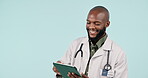 Happy black man, doctor and tablet in research, Telehealth or networking against a studio background. African male person or medical healthcare professional on technology for communication on mockup