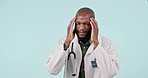 Stress, headache and man doctor in studio with sickness, allergies or medical emergency. Burnout, migraine and young African male healthcare worker with illness and pain isolated by white background.