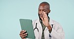 Black man, doctor and tablet in video call for Telehealth, online consultation or advice against a studio background. African male person, medical or healthcare professional consulting on technology