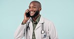 Phone call, smile and man doctor in a studio working on telehealth consultation for healthcare. Happy, technology and African medical worker on mobile conversation with cellphone by white background.
