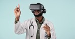 Man  doctor and VR or futuristic glasses with healthcare software, metaverse vision and experience in studio. Medical worker with hand or press on screen for virtual reality tech on a blue background