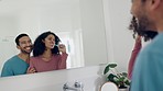 Dental, bathroom mirror reflection and happy couple brushing teeth, connect and smile for home morning treatment. Toothbrush, happiness or bonding man, woman or people cleaning mouth for oral hygiene