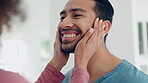 Bathroom, happy man and couple grooming face, apply beard oil and person fix facial hair of husband in morning routine. Love, smile and marriage people help, care and support on home beauty treatment