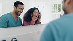 Laugh, skincare and couple with face cream in the bathroom together for grooming and bonding. Happy, love and young man and woman with facial hygiene treatment for morning routine at modern apartment