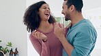 Bathroom, morning and laughing couple with cream, skincare product and facial sunscreen, moisturizer or funny routine. Joke, hydration collagen or home people application of ointment, creme or lotion