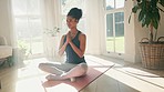 Woman, namaste and meditation, yoga and fitness at home for mindfulness, breathing and zen with calm and spiritual. Prayer, peace and exercise in lounge, health and wellness for healing and self care