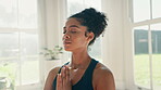 Face, yoga and breath of a woman for meditation closeup in a home during fitness, mindfulness or awareness. Exercise, zen or relax with a young person in an apartment for holistic health and wellness