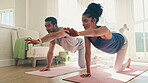 Couple, yoga and balance, body and fitness at home with bonding, workout together with stretching and healing. Self care, health and wellness, man and woman in living room, pilates and relationship