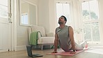 Man, yoga and cobra pose, body and fitness at home for health and healing, laptop for online class and stretching. Wellness, zen with virtual exercise video or lesson, yogi in lounge with pilates