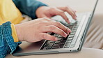 Student, hands typing and computer for online education, university research and information or registration. Man on internet or laptop keyboard for scholarship application, essay or college website 