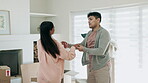 Excited couple, dancing and celebrate new home or moving in together with real estate property. A happy man and woman dancer with fun energy in their first house with mortgage, boxes and investment 