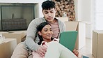 Couple, tablet and boxes for new home planning, social media and website information of mortgage, rent or loan. Young interracial people, relax on floor and digital, moving house or real estate idea