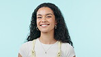 Happy woman, face and laughing for funny joke, comedy or joy in happiness against a studio background. Portrait of female person, gen z or young adult smile and laugh with positive attitude on mockup