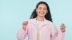 Woman, music and freedom of dancing with headphones with web audio and listening to song in studio. Singing, happy female person and internet radio with gen z fashion and smile with blue background