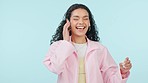 Woman, music and dancing with headphones with web audio and listening to song in studio. Singing, happy female person and internet radio with gen z fashion and smile from track streaming and dancer