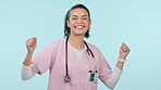 Dance, nurse or happy woman in studio for celebration, medical success or healthcare target. Medicine achievement, nursing goal or face of doctor on blue background for music, freedom or promotion