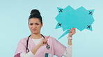 Chromakey, speech bubble and doctor with bad review of comment or information isolated in a studio blue background. No, medical and portrait of worker refuse healthcare list or opinion on a poster