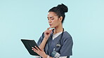 Nurse, woman thinking and tablet with healthcare solution, data analysis and results for online medical service in studio. Doctor or student on digital tech for ideas or decision on blue background