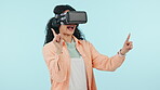 VR, metaverse and woman with gamer, cyber and web glasses for app streaming and 3d software, Studio, blue background and augmented reality with an excited female person with virtual gaming tech