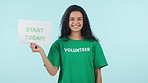 Charity, recruitment and portrait of volunteer with a sign, poster or announcement of ngo, foundation or community effort. Support, volunteering and person with a billboard, mockup or work commitment