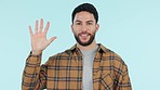 Countdown, hands and face of man on blue background for announcement, news and event celebration. Excited, wow and portrait of person with numbers on fingers for time, sale and information in studio