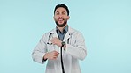 Medical doctor, dancing and man in studio for fun energy,  celebration or saving lives. Happy, excited and arab healthcare worker or winner on blue background for achievement, success or good results