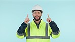 Studio construction, happy man and architect pointing at engineering design, commercial news or advertising direction. Contractor portrait, project notification and architecture promo blue background