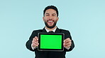 Business man, tablet green screen and presentation, website sign up or information and advertising in studio. Face of happy corporate worker with digital mockup and tracking marker on blue background