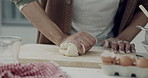 Bread, kitchen and hands baking with dough press culinary process on a home or restaurant table for cooking pizza. Cake, bakery and chef, worker or person prepare a food or pastry recipe with wheat