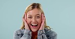 Surprise, excited and face of woman in studio for good news, announcement and winning. Wow, omg and portrait of person in happy, joy and shocked facial expression for celebration on blue background