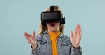 Virtual reality, woman and surprise with 3D experience, scroll with metaverse and future technology on blue background. Hands, connection and software gaming, holographic and wow for scifi in studio